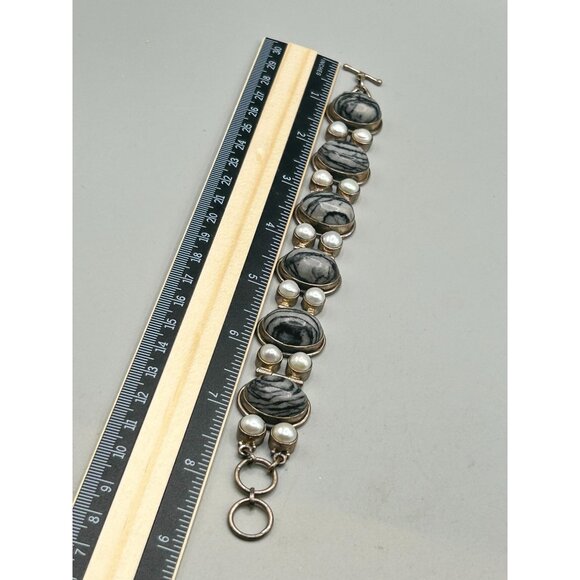 Grey Jasper & Pearls Bracelet Sterling Silver 925 Semi Rigid Long Toggle Clasp - Picture 6 of 8